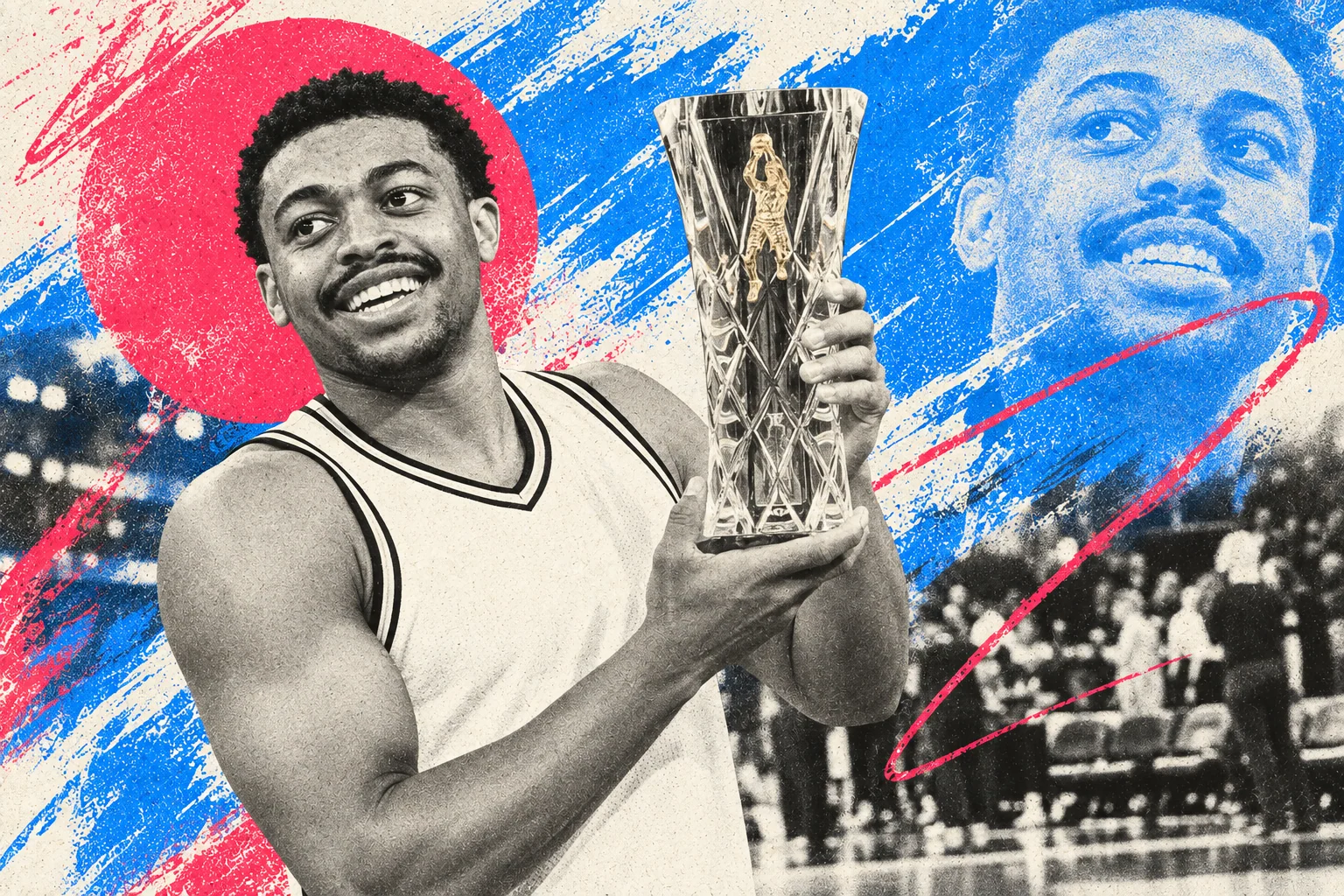 Imagined candid scene of Keldon Johnson holding the John Havlicek Trophy
