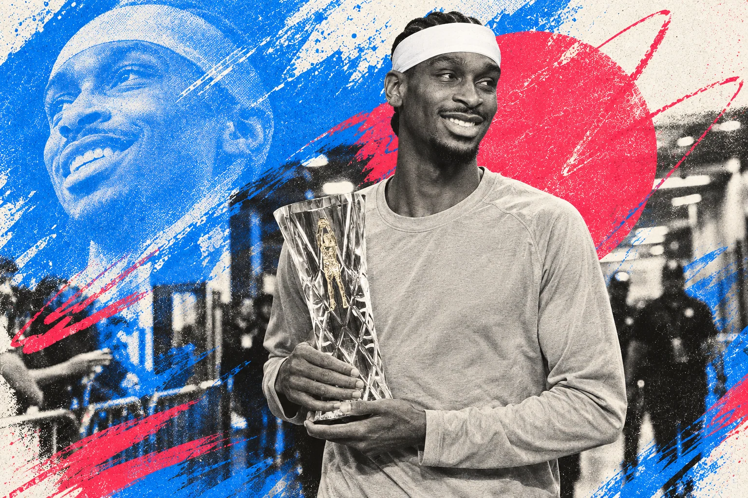 Imagined candid scene of Shai Gilgeous-Alexander holding the Jerry West Trophy