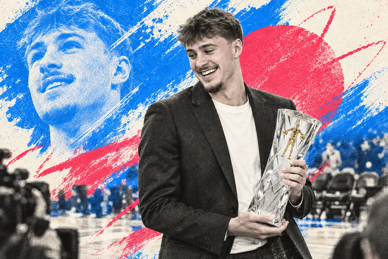 Imagined candid scene of Cooper Flagg holding the Wilt Chamberlain Trophy
